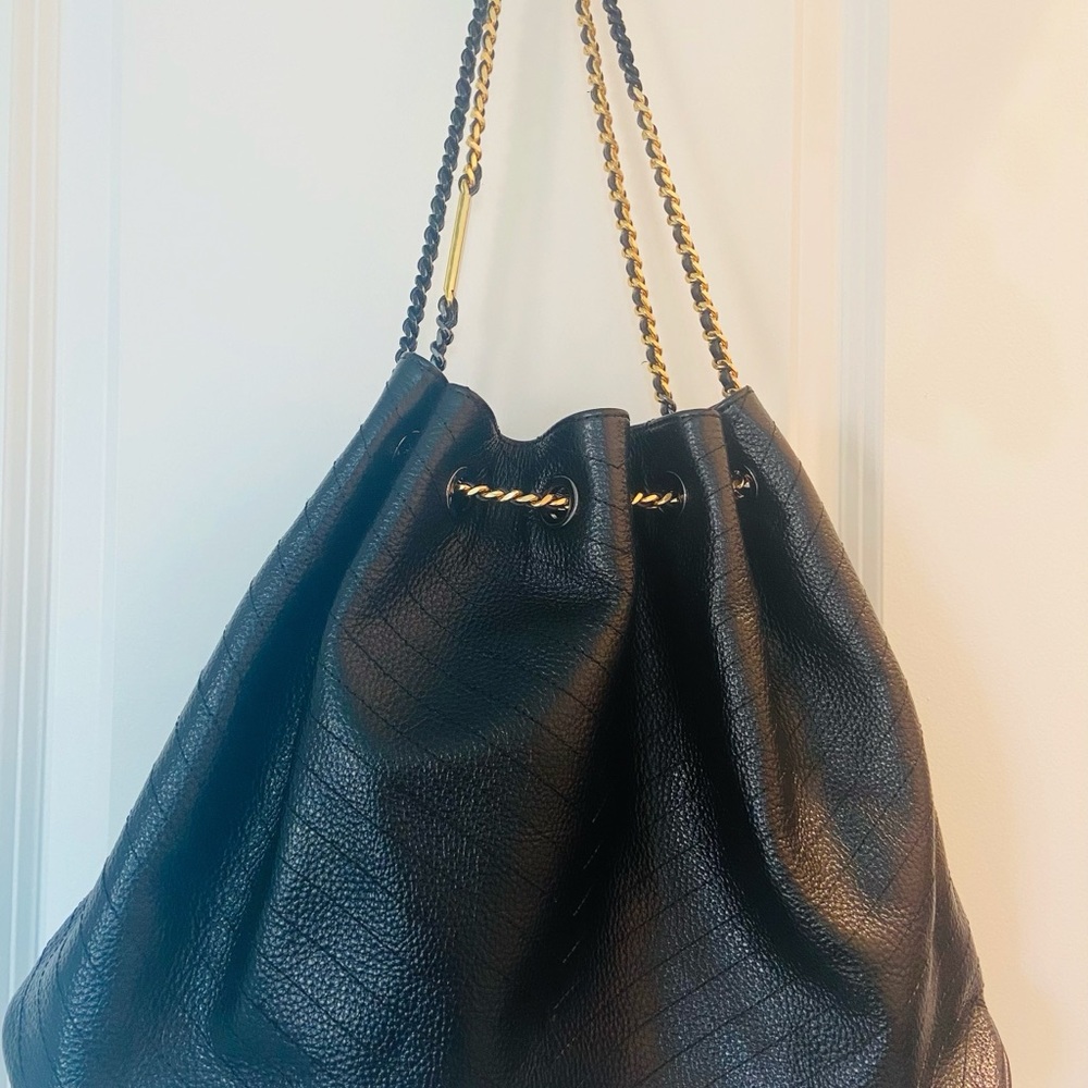 Black Leather Shoulder Bag with Gold Chain